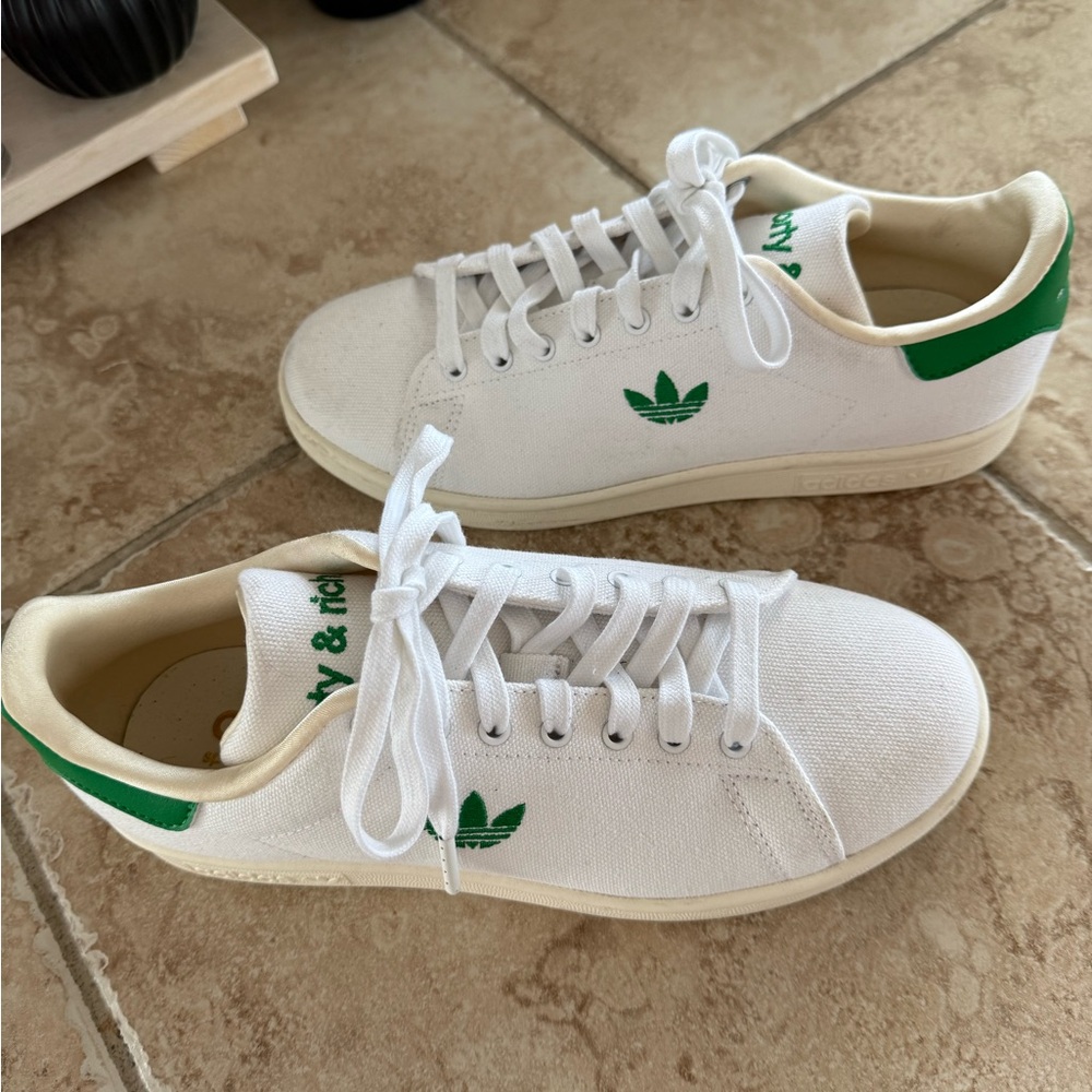 Adidas Cream and Green Sporty Sneakers